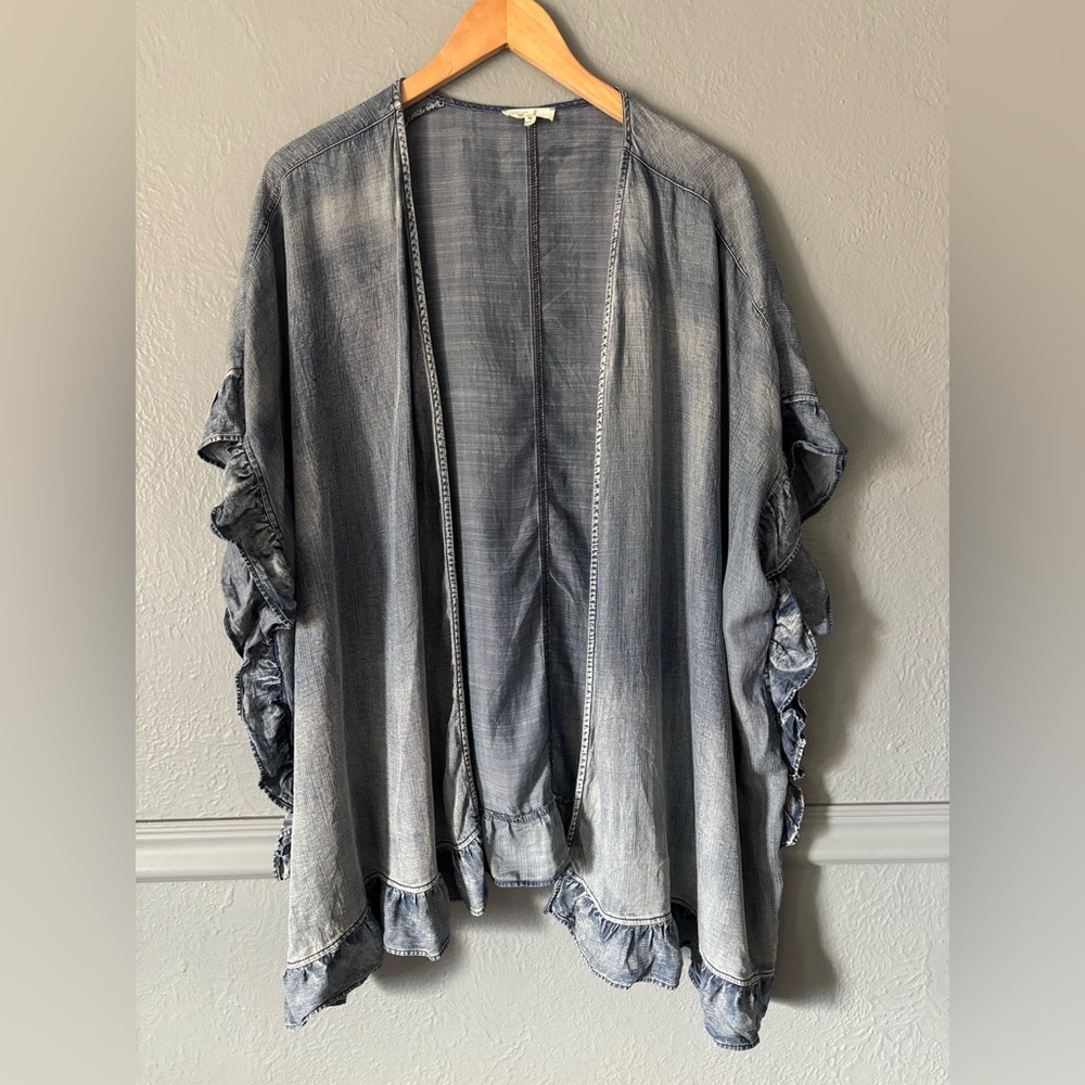 Easel Chambray Ruffle Trim Open Front Cardigan Denim Blue Flowy Boho M